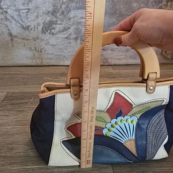 Relic Floral Applique Canvas Satchel Purse Acrylic Handle Handbag Bag - Picture 9 of 9